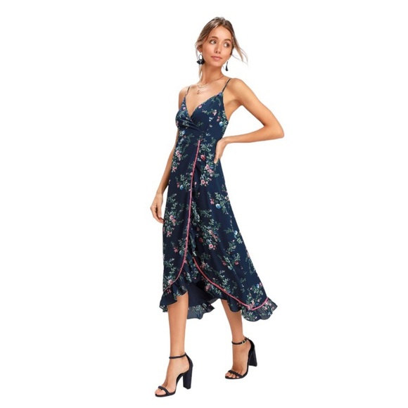 Lulus Midi Dress Size Small Darling‎ Date Navy Blue Floral Ruffled Wrap Fitted - Picture 1 of 14